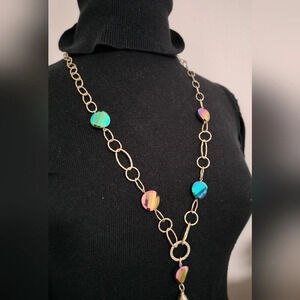 Lia Sophia NWT Iridescent Beads Gold Tone Fashion Link Necklace 24" Adjustable